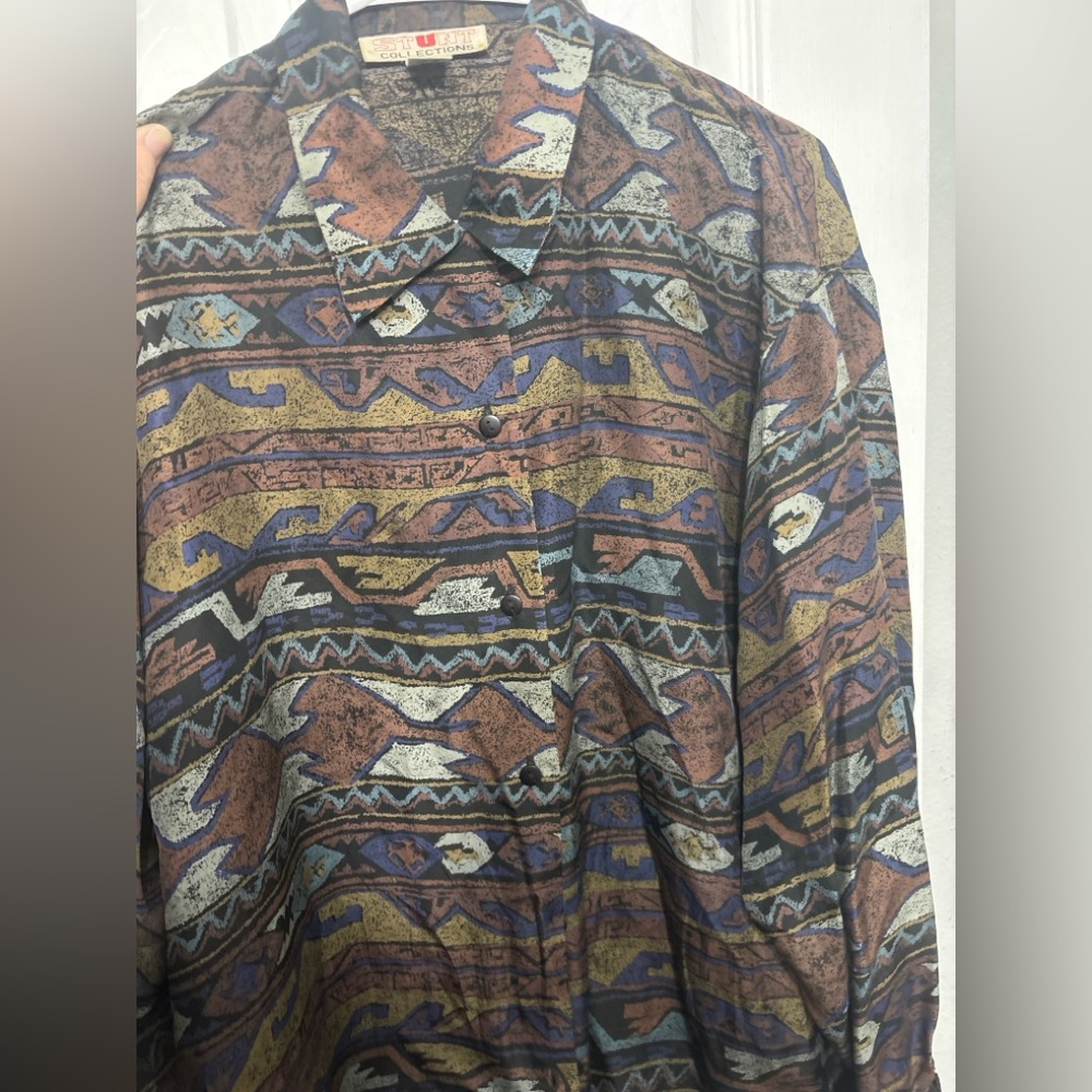 Vintage STUNT Collections 100% Silk Southwestern Aztec Shirt Medium